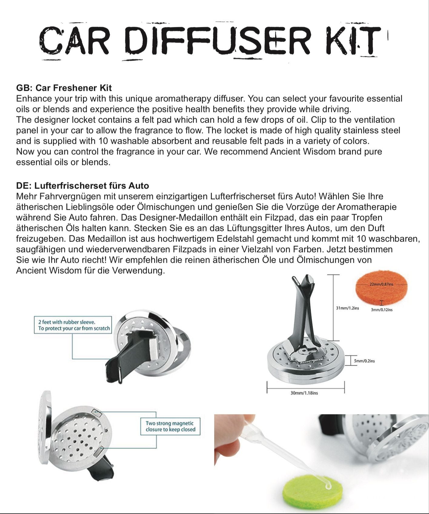 Kit diffuseur pour voiture - Boîte en métal Yoga Chakra - 30 mm