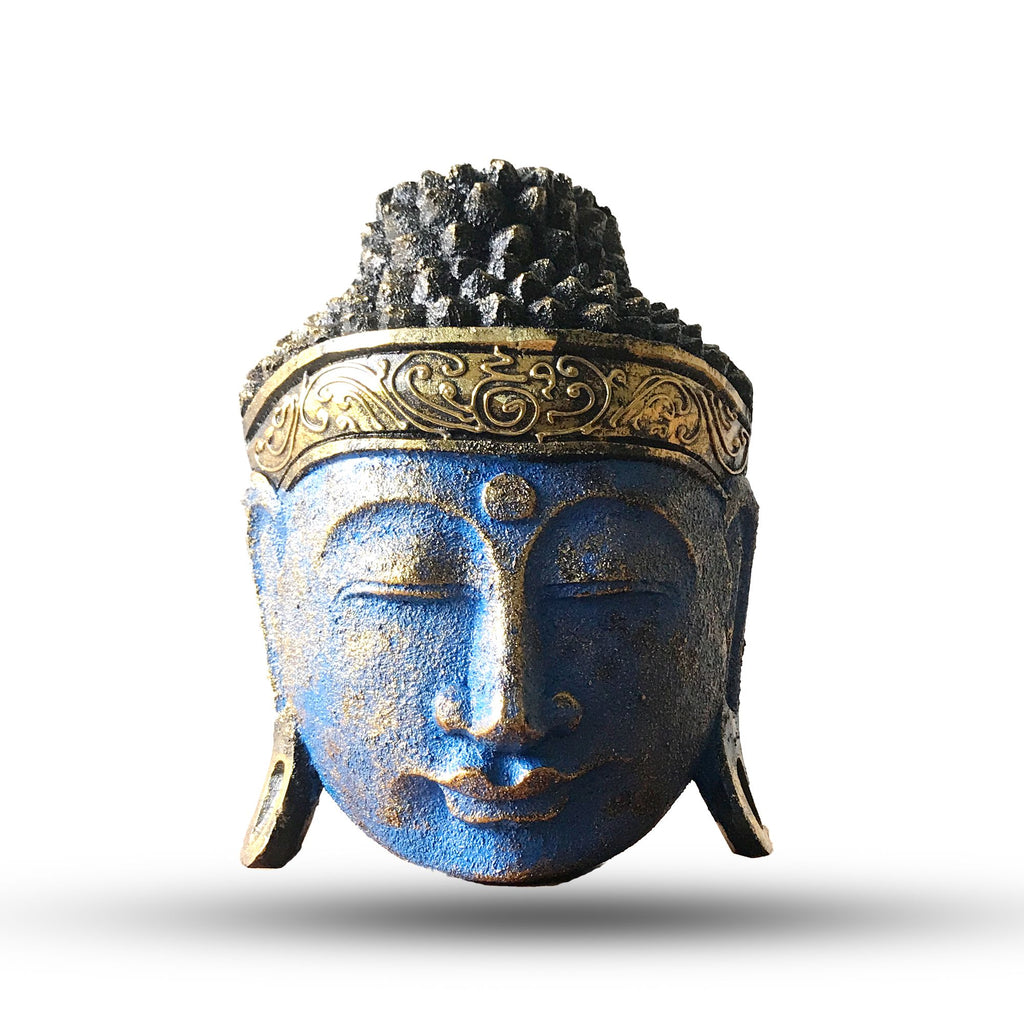 Tête de Bouddha décorative - 25 cm - Finition bleue brillante
