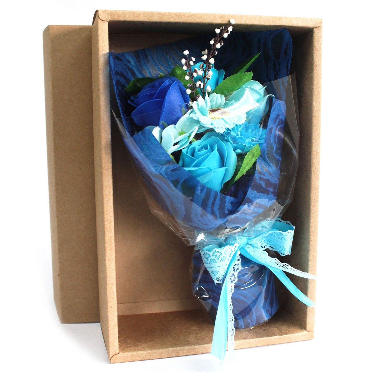 Bouquet de fleurs en savon dans une boîte - bleu