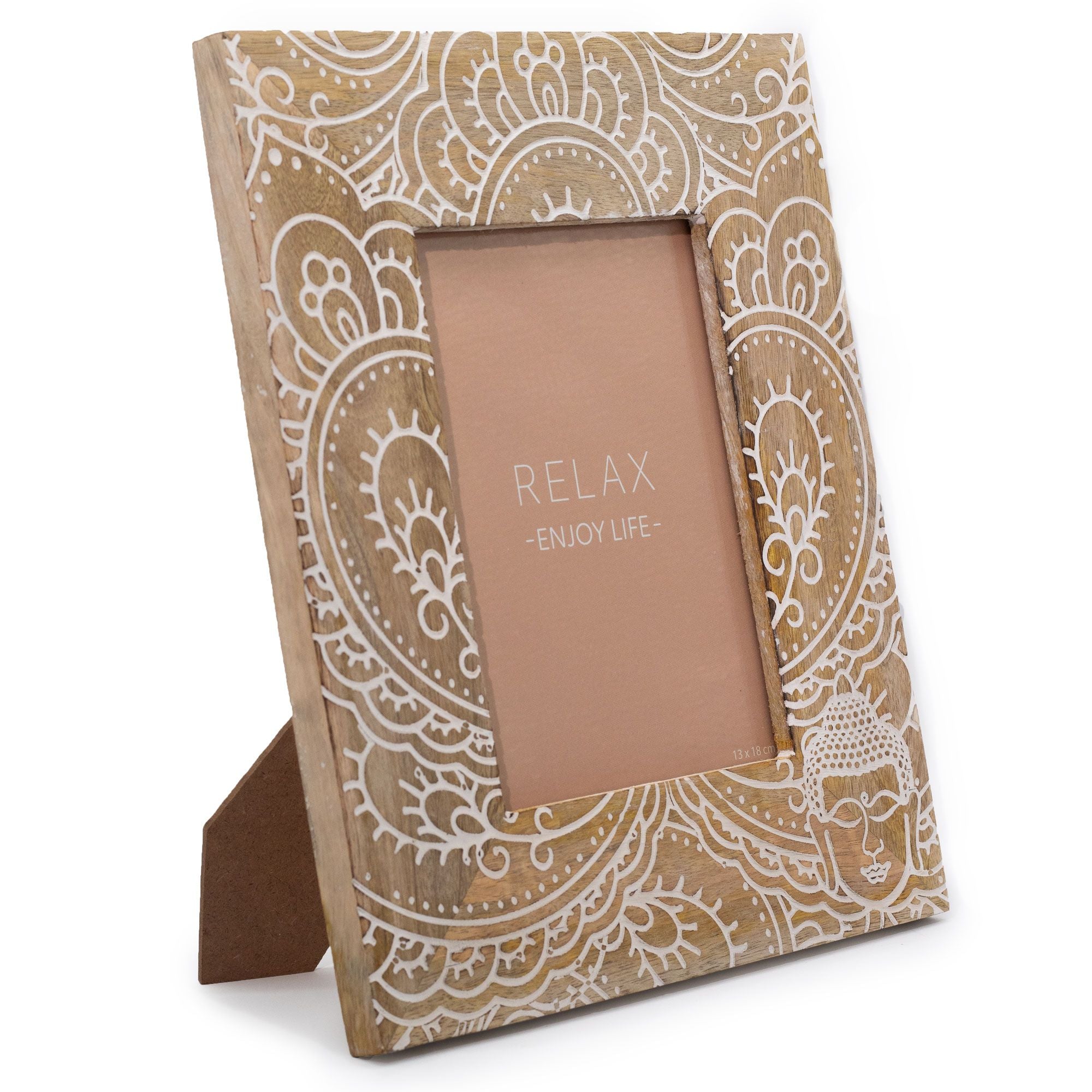 Grand cadre en bois de manguier (pour 13 x 18 cm) 28 x 23 x 2 cm - Bouddha blanc