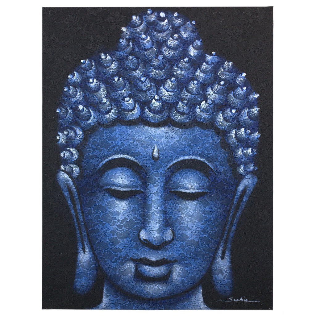 Peinture de Bouddha - Détail d'un brocart bleu