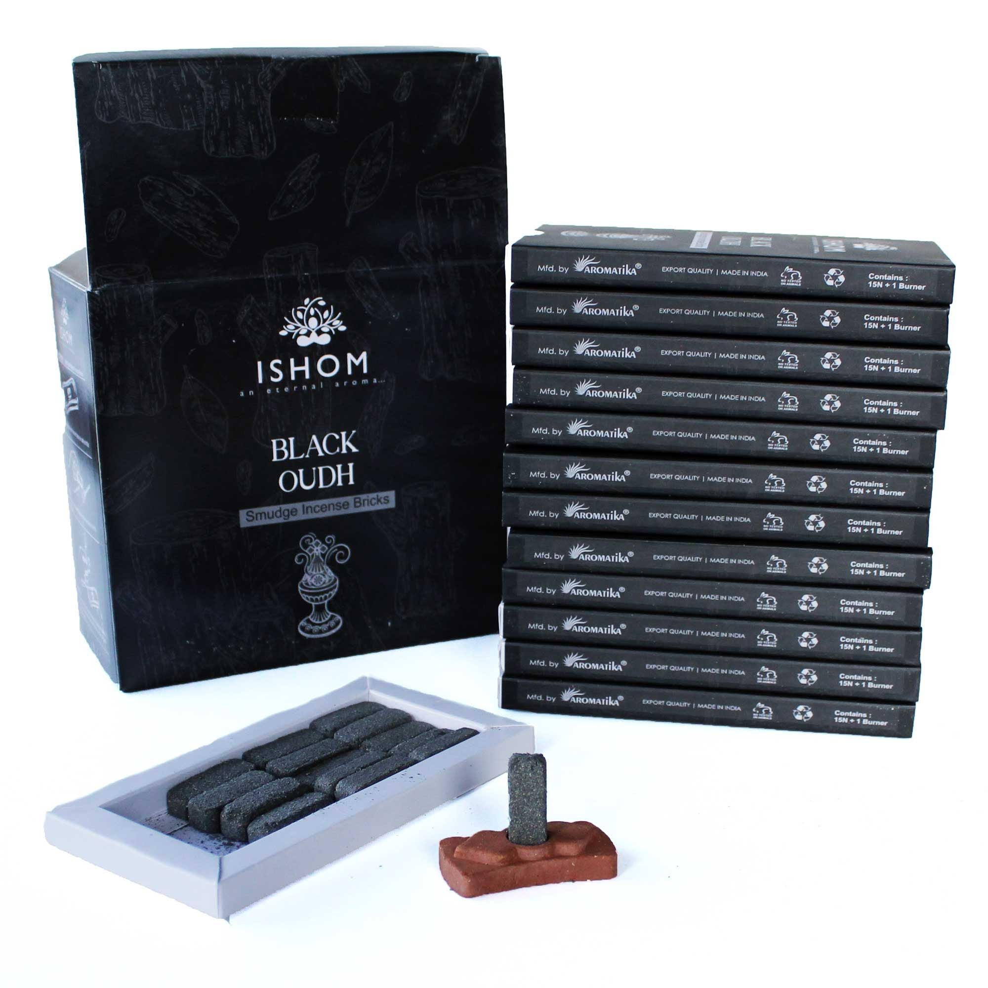 Lot de 15 briquettes d'encens naturelles et brûleur - Bois noir