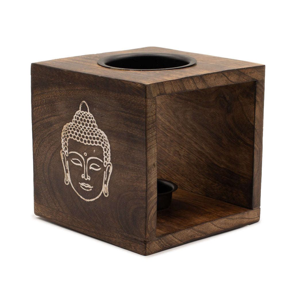 Grand brûleur à huile carré en bois de manguier - Visage de Bouddha