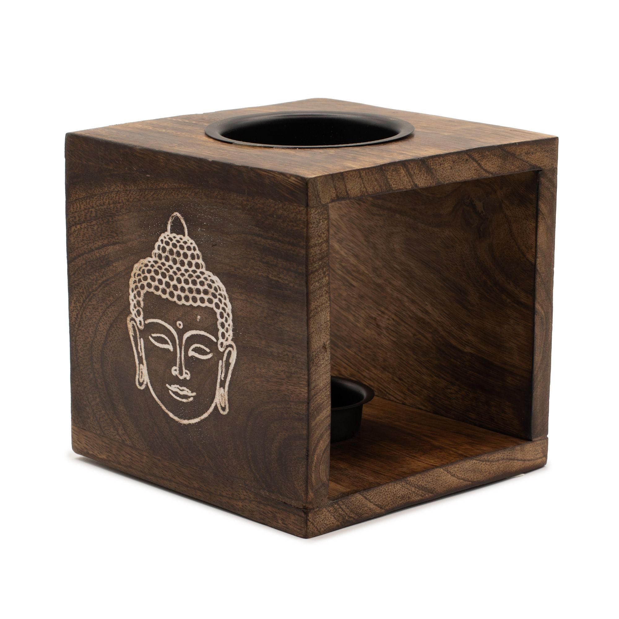 Grand brûleur à huile carré en bois de manguier - Visage de Bouddha