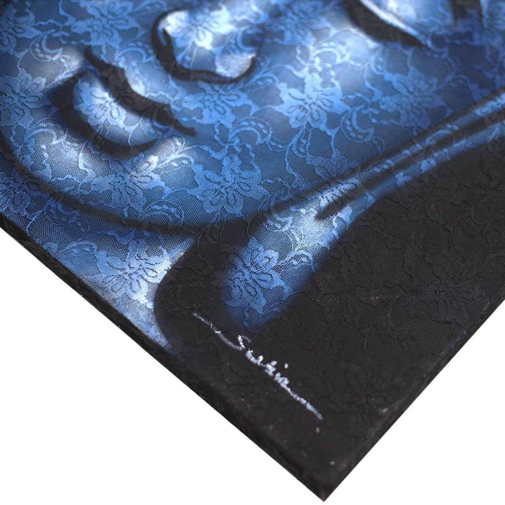 Peinture de Bouddha - Détail d'un brocart bleu