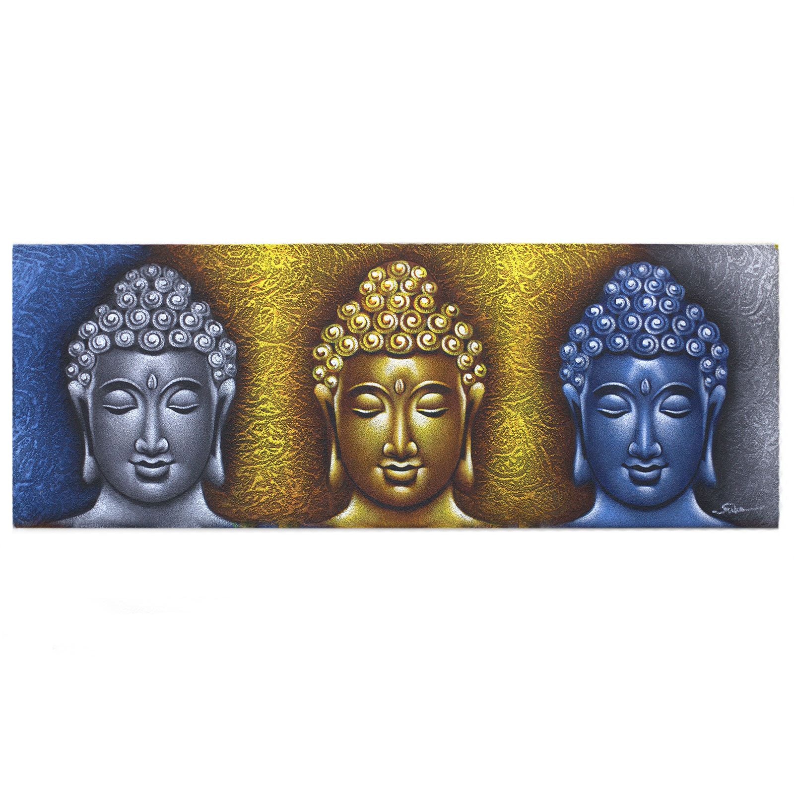 Peinture de Bouddha - Trois têtes avec détails dorés