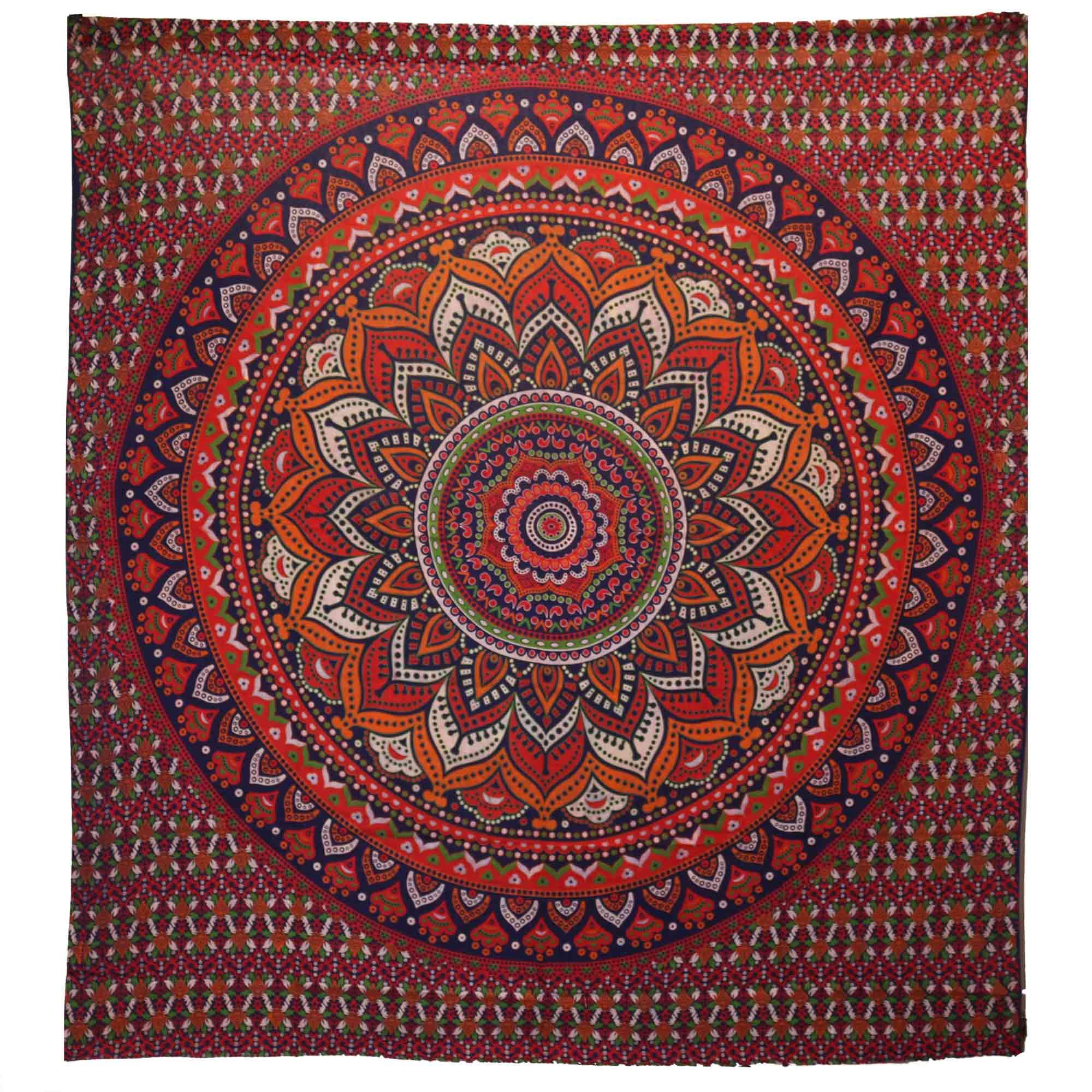 Couette double en coton + tenture murale - Mandala classique - Orange/Bleu
