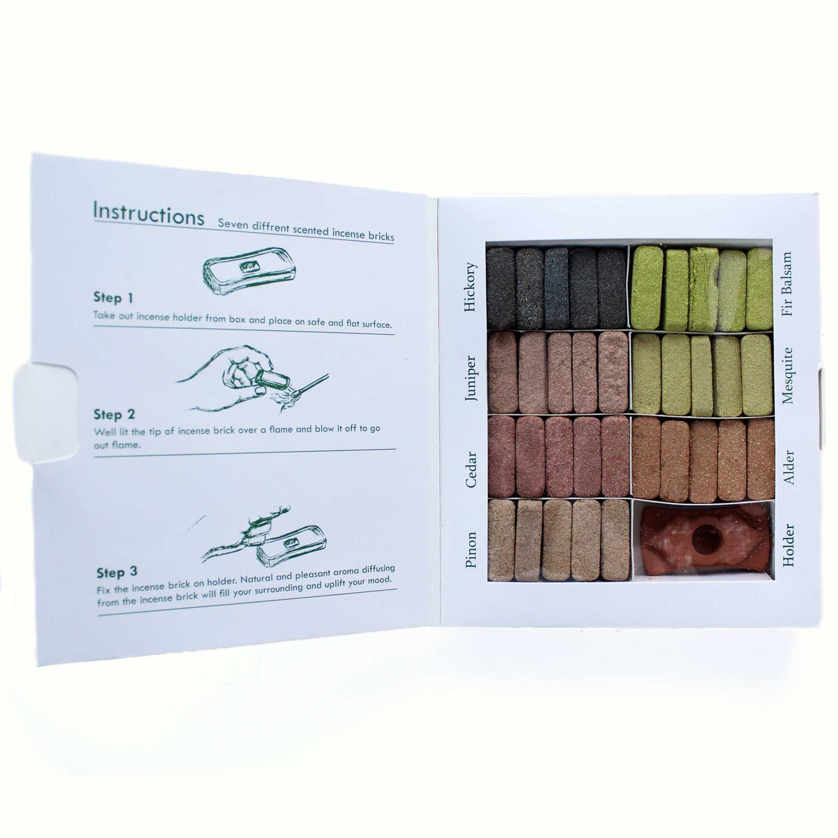 Coffret de présentation de 70 briquettes d'encens et brûleur - 7 encens Himalaya aux senteurs terreuses