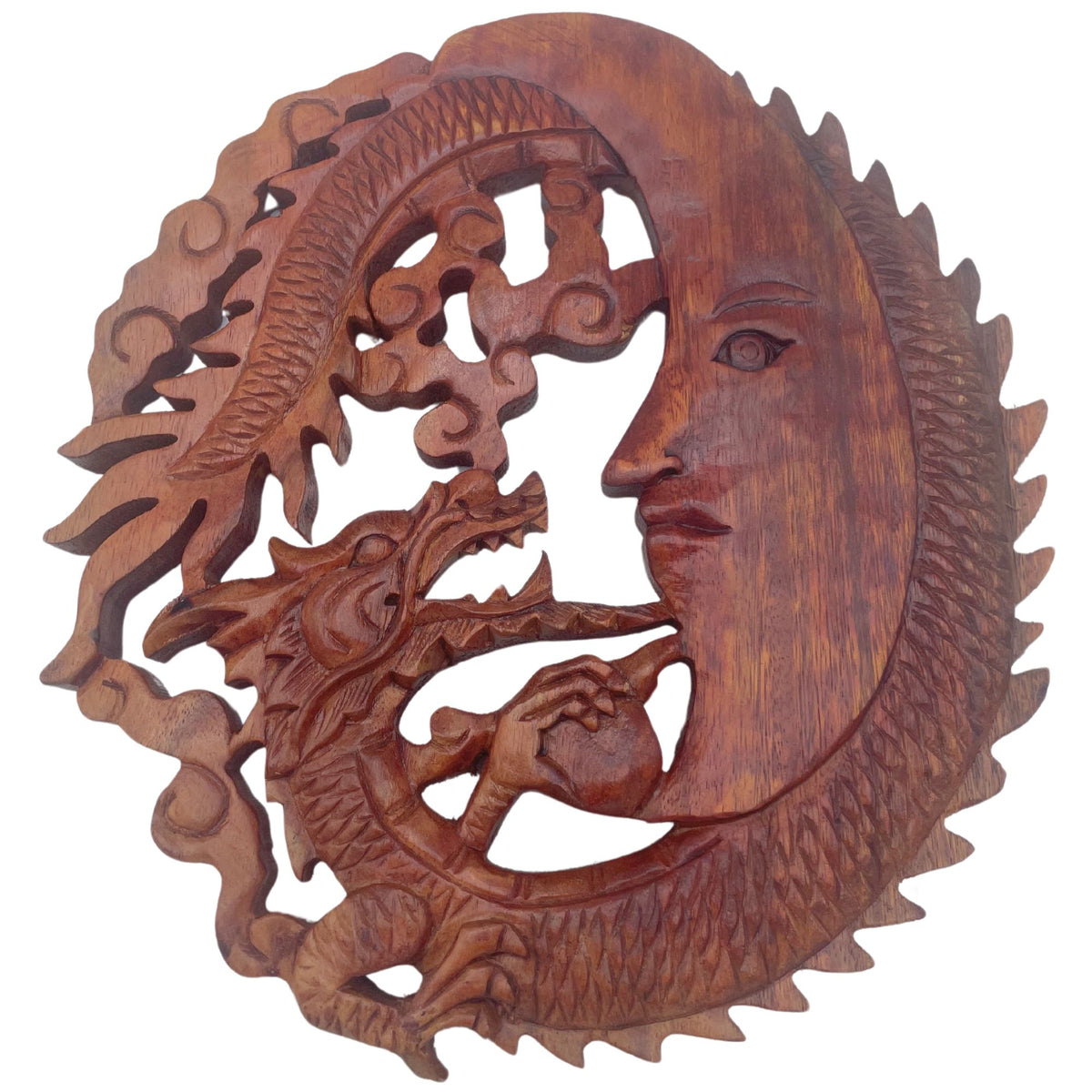 Panneau en bois sculpté - Visage de lune et de dragon - 30 cm
