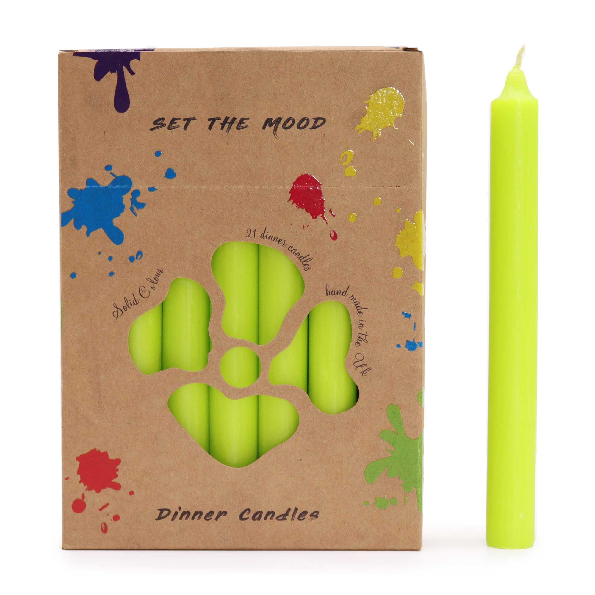 Ensemble de 21 bougies de table de couleur unie - Vert citron rustique