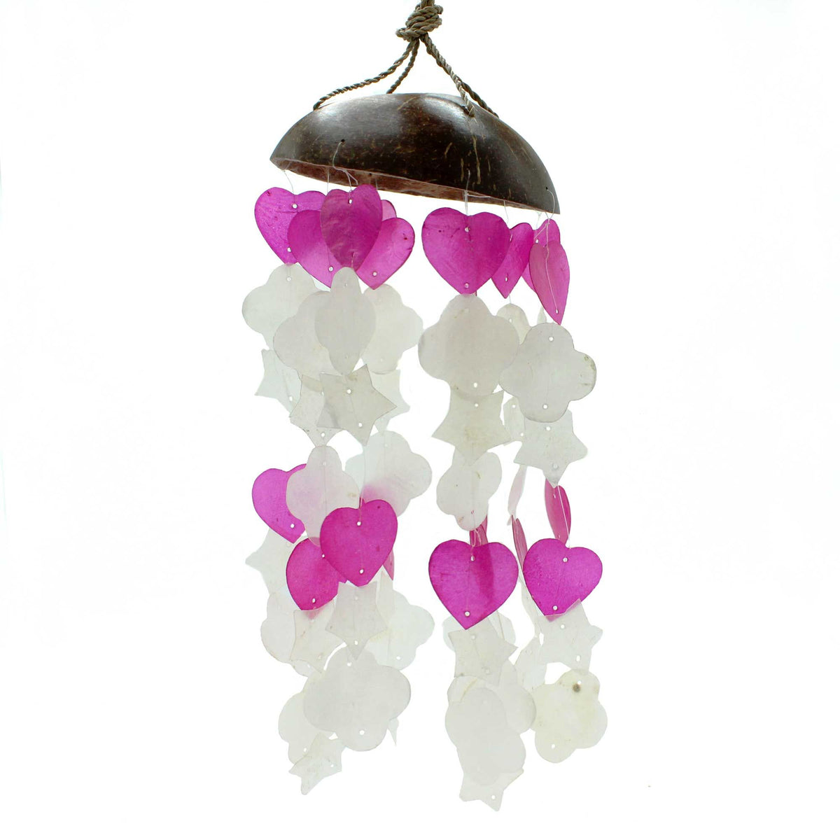 Carillon à vent en noix de coco et nacre de Capiz - Formes assorties roses et blanches - 35 cm