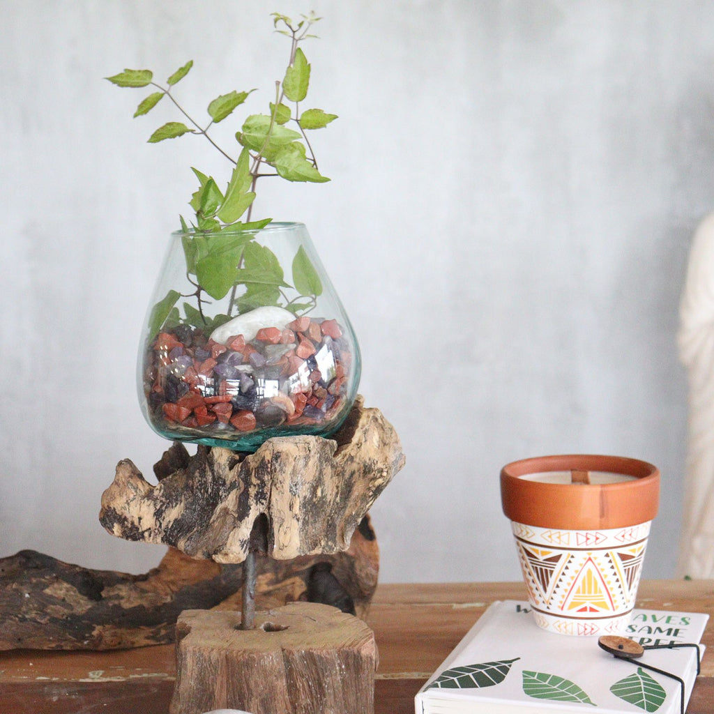 Bol moyen en verre fusionné sur bois avec support
