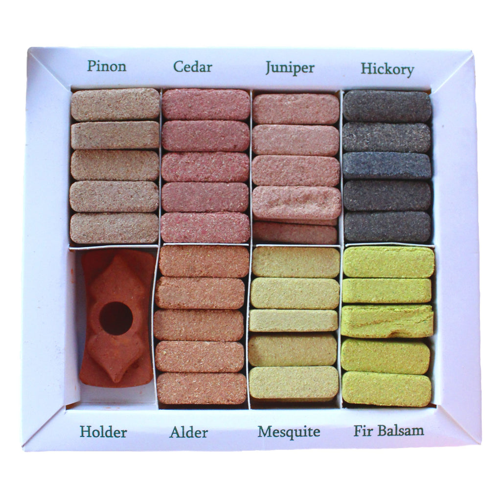 Coffret de présentation de 70 briquettes d'encens et brûleur - 7 encens Himalaya aux senteurs terreuses