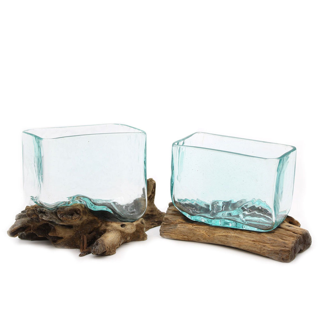 Réservoir en verre fusionné sur support en bois - Bol moyen