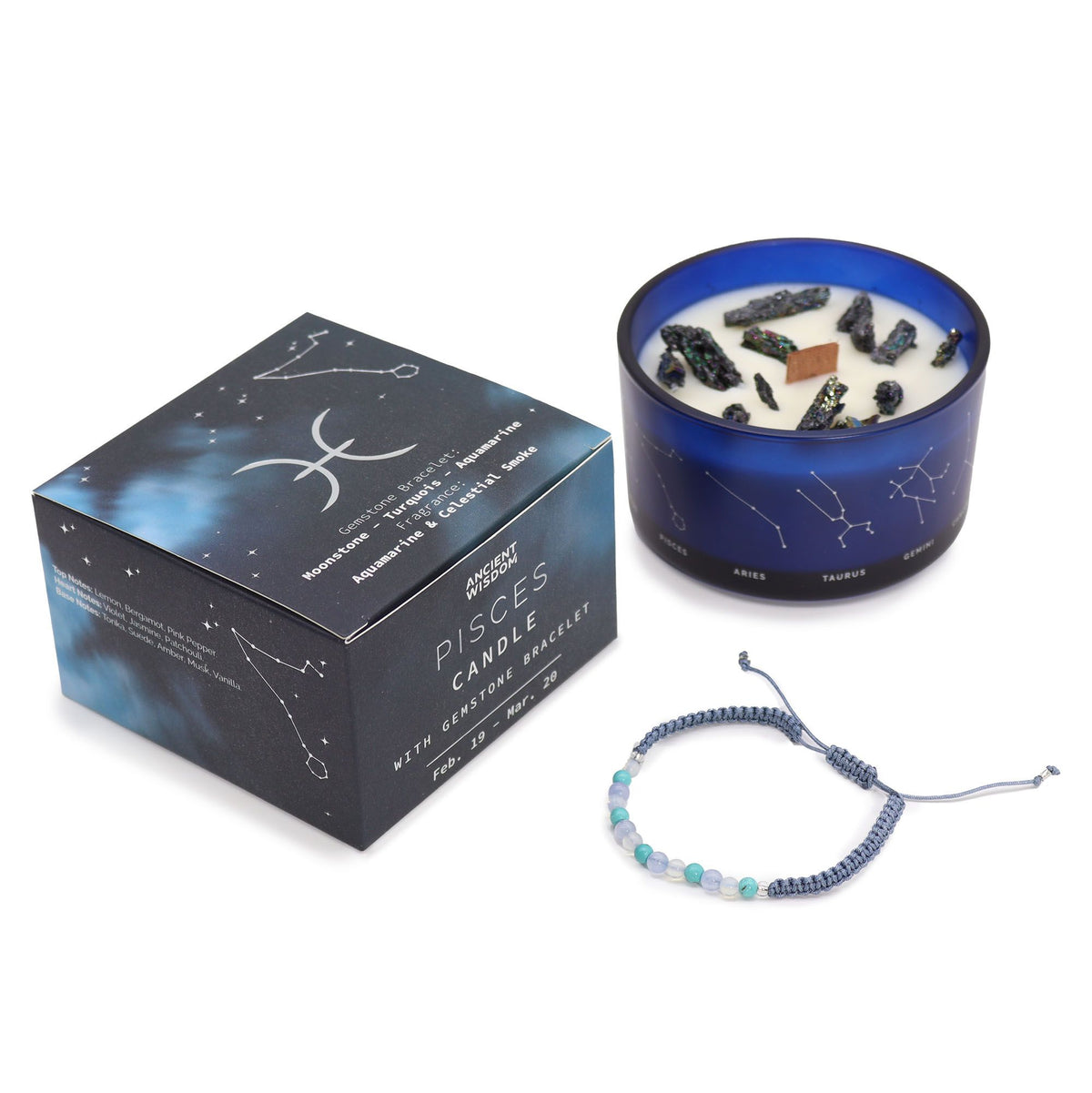 Bougie en cristal du zodiaque avec bracelet en pierre précieuse - Poissons