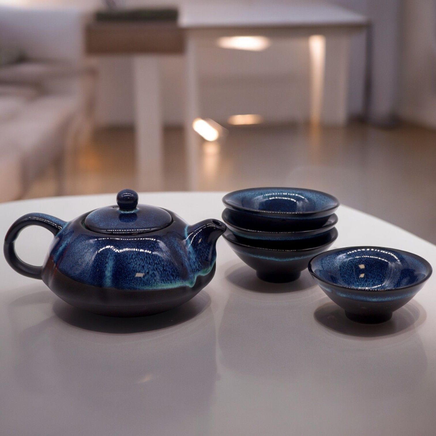 Service à thé - Tons bleus - Théière et quatre tasses