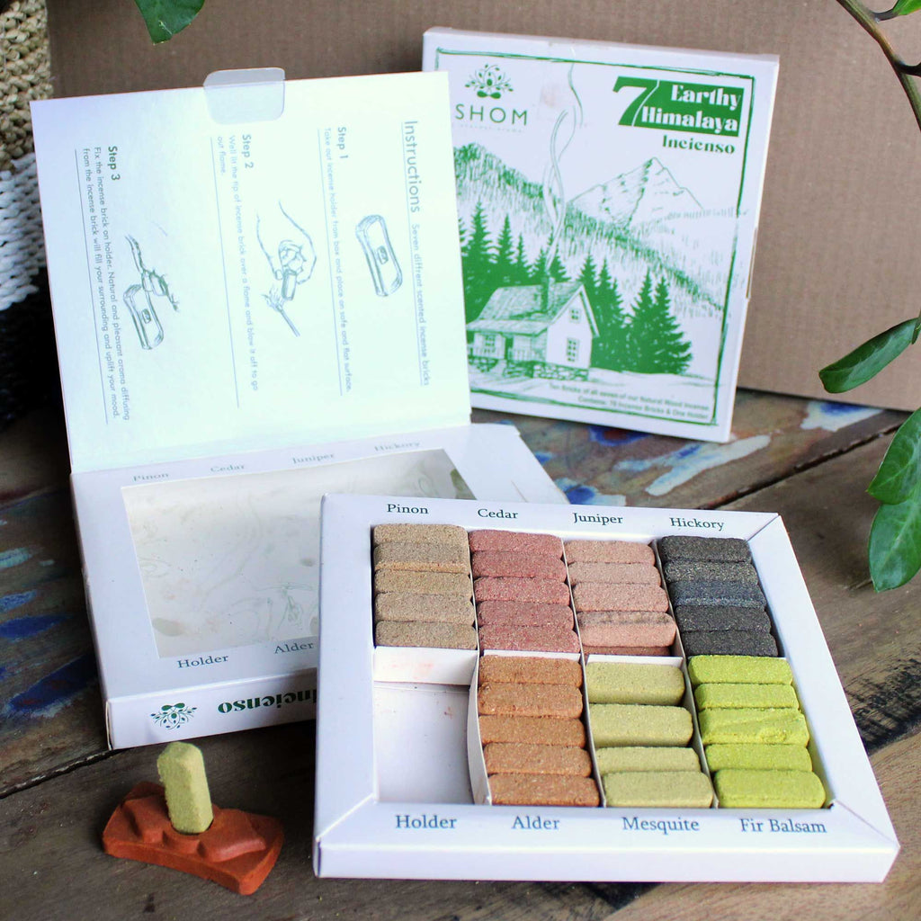 Coffret de présentation de 70 briquettes d'encens et brûleur - 7 encens Himalaya aux senteurs terreuses