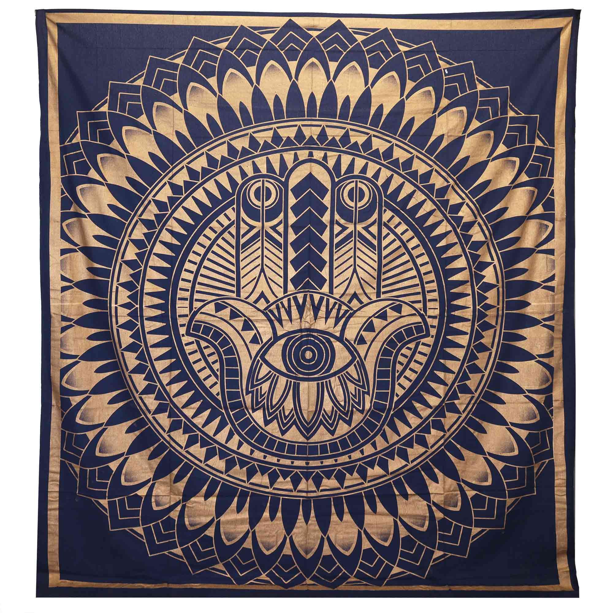 Couette double en coton + tenture murale - Hamsa - Bleu et or