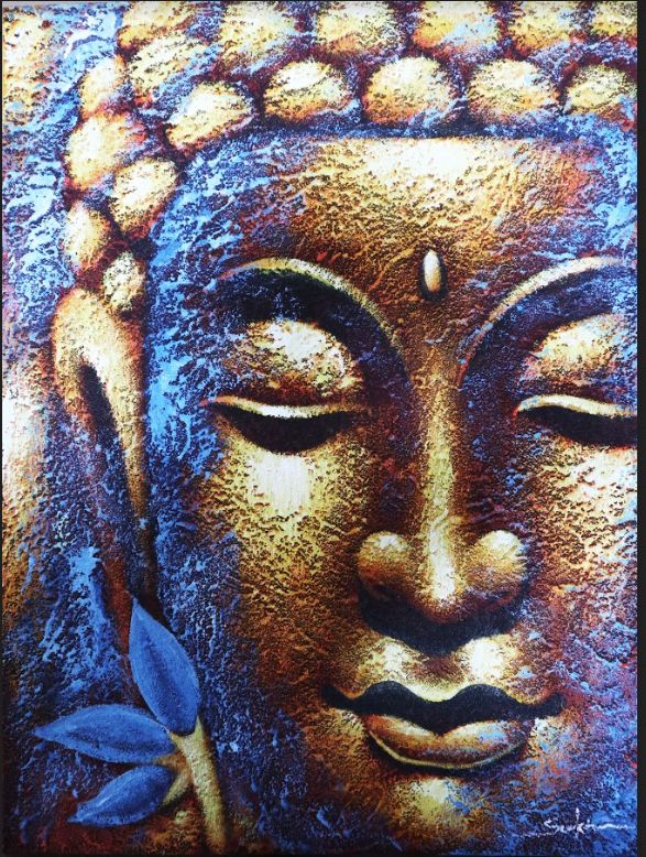 Peinture de Bouddha - Fleur de lotus et visage doré