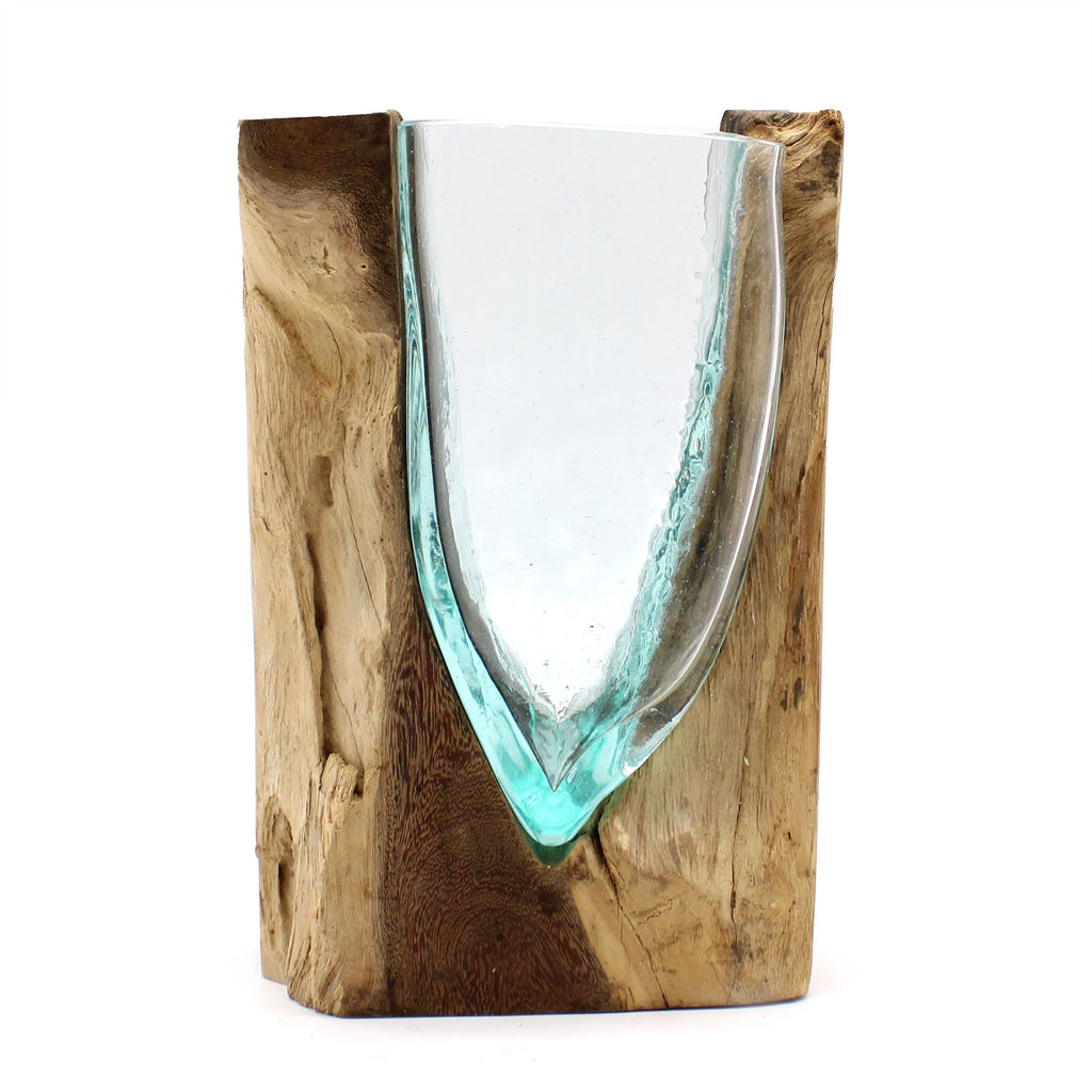 Vase artistique en forme de V, réalisé en verre fusionné sur bois