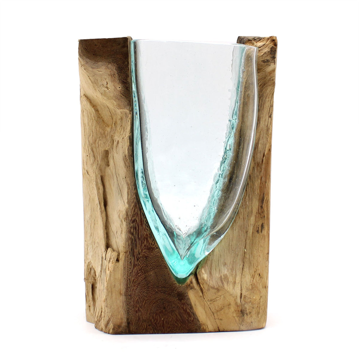 Vase artistique en forme de V, réalisé en verre fusionné sur bois