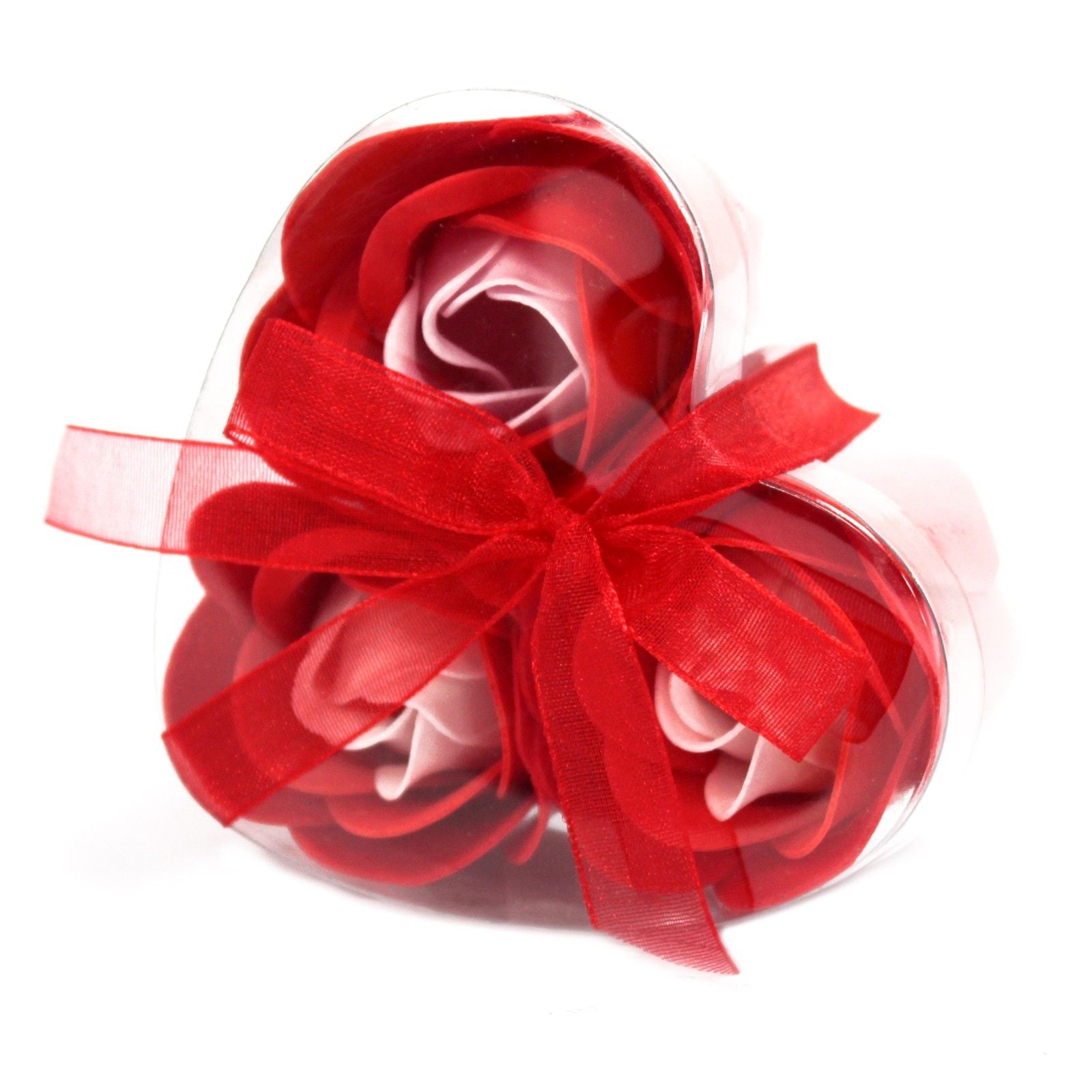 Ensemble de 3 fleurs en savon dans une boîte en forme de cœur - Roses rouges