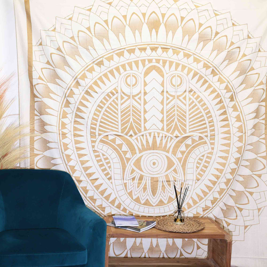Couette double en coton + tenture murale - Hamsa - Or blanc