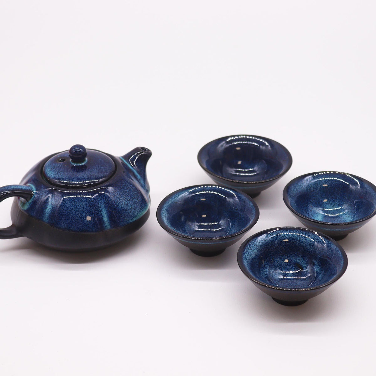 Service à thé - Tons bleus - Théière et quatre tasses