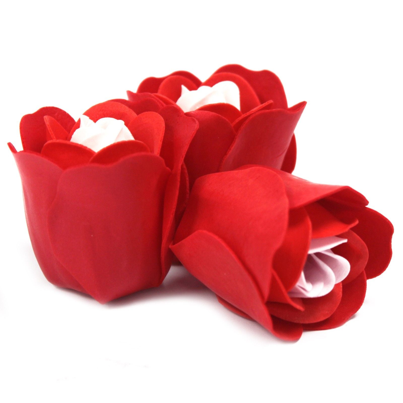 Ensemble de 3 fleurs en savon dans une boîte en forme de cœur - Roses rouges