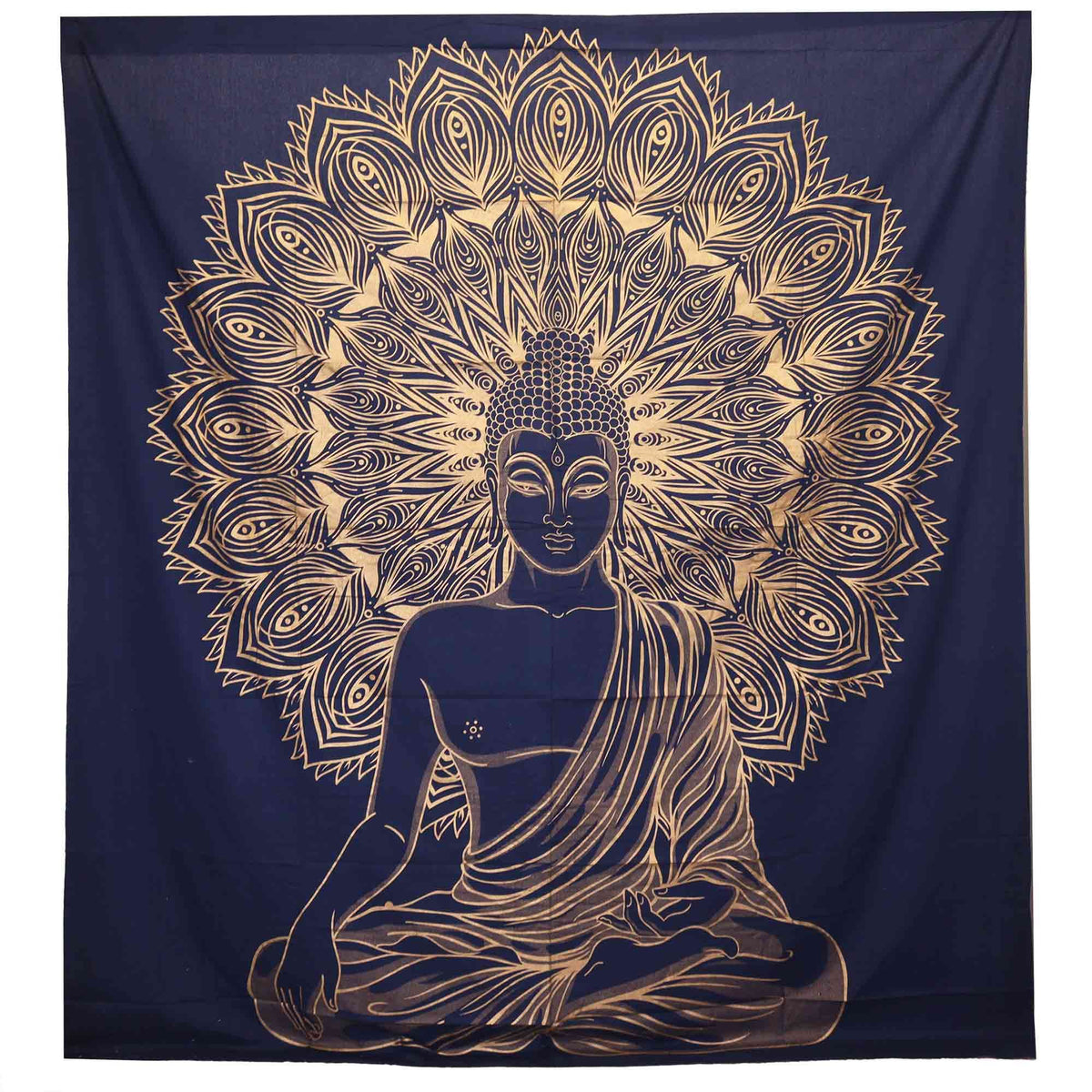 Couette double en coton + tenture murale - Bouddha - Bleu et or