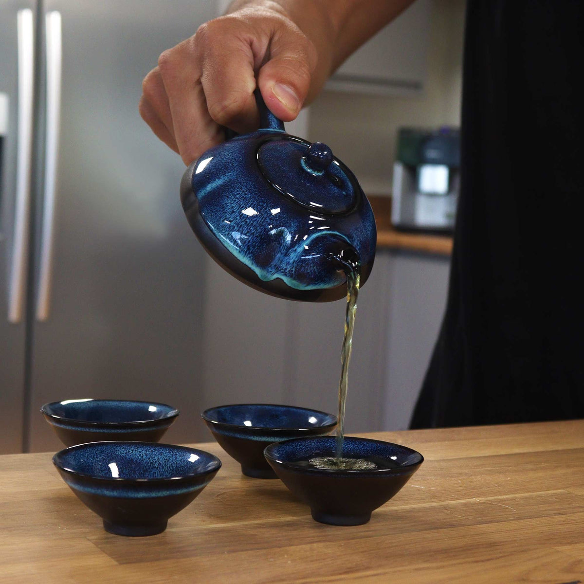 Service à thé - Tons bleus - Théière et quatre tasses