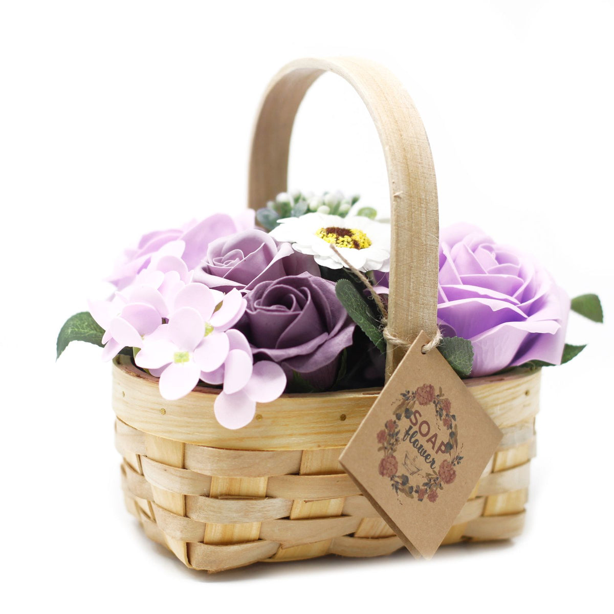 Bouquet en panier d'osier - lilas moyens