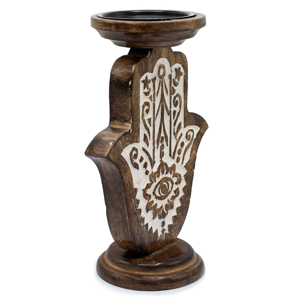 Bougeoir en bois de manguier - Hamsa - Grand modèle 25 x 18 cm