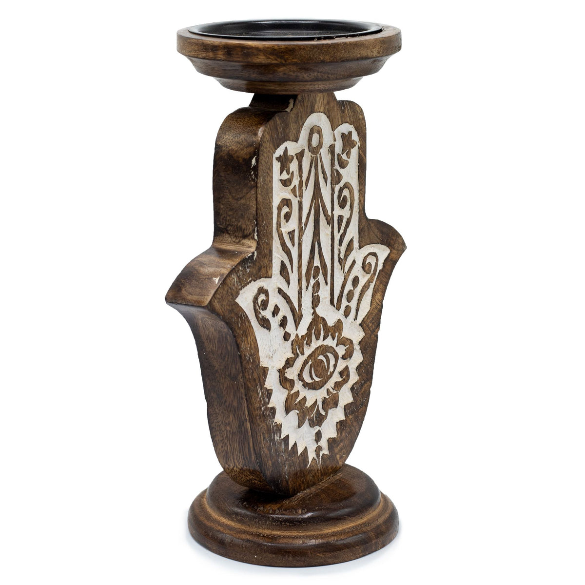 Bougeoir en bois de manguier - Hamsa - Grand modèle 25 x 18 cm