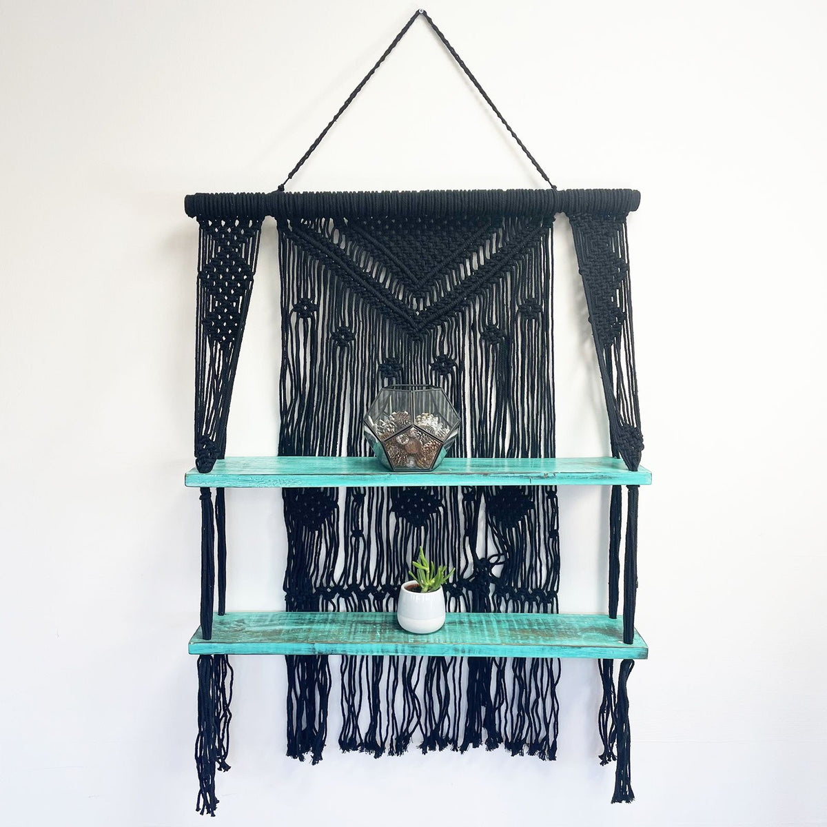 Étagères suspendues en macramé noir - Turquoise