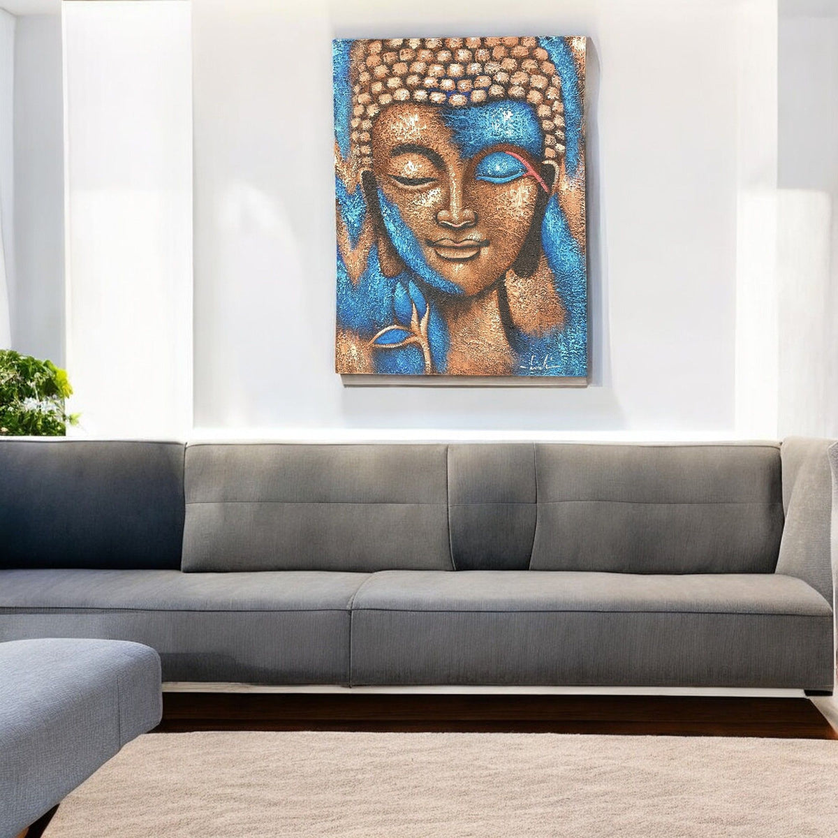 Peinture de Bouddha - Bronze et fleur bleue