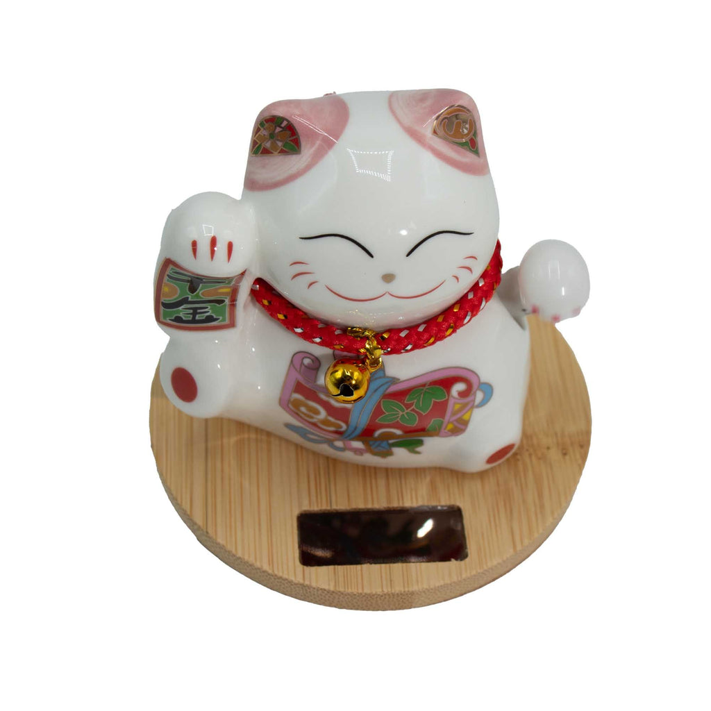 Chat porte-bonheur solaire avec socle en bois - Mobile rose