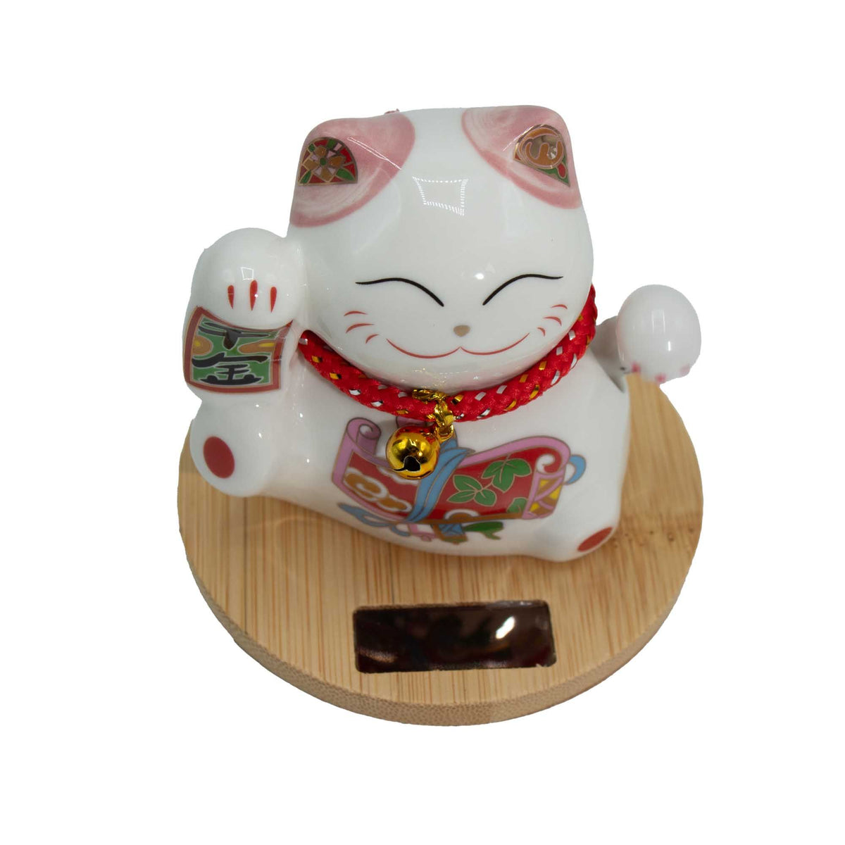 Chat porte-bonheur solaire avec socle en bois - Mobile rose