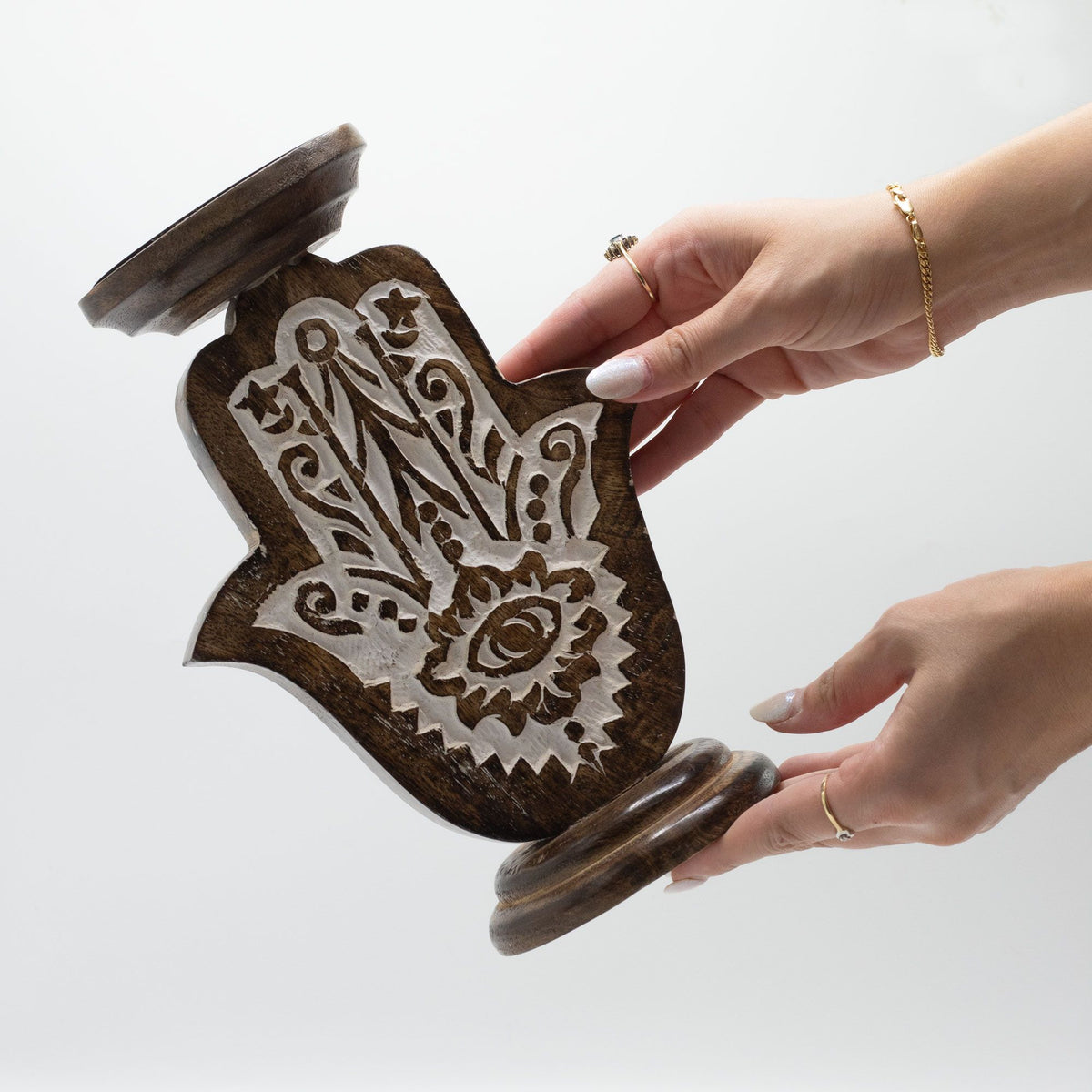 Bougeoir en bois de manguier - Hamsa - Grand modèle 25 x 18 cm