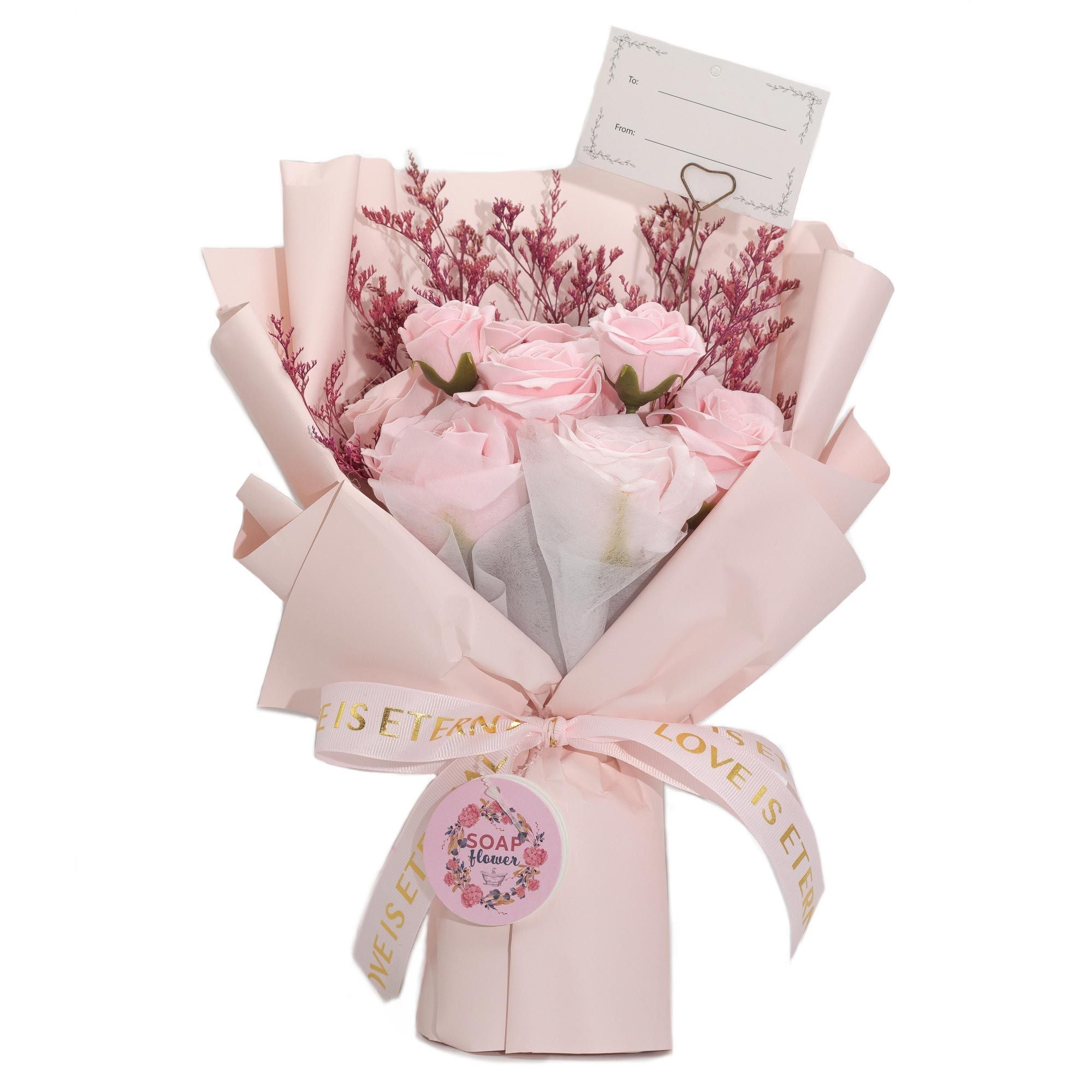 Grand bouquet de roses roses - L'amour est éternel - Carte cadeau