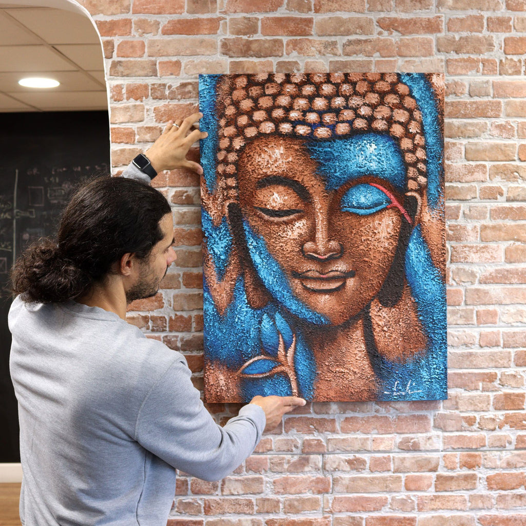 Peinture de Bouddha - Bronze et fleur bleue