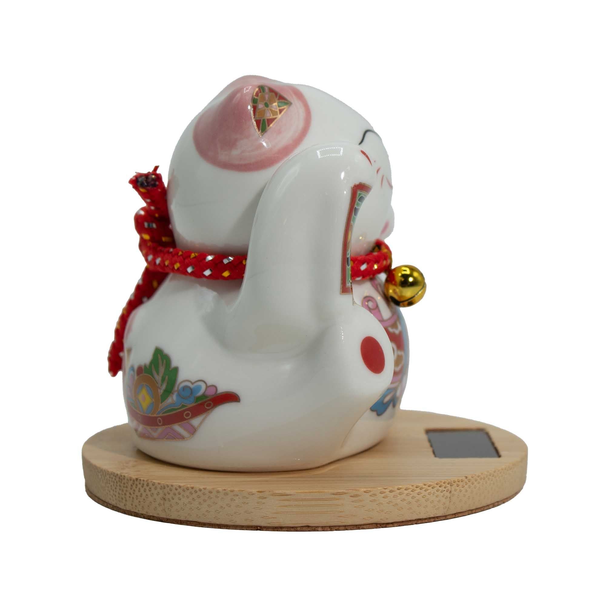 Chat porte-bonheur solaire avec socle en bois - Mobile rose