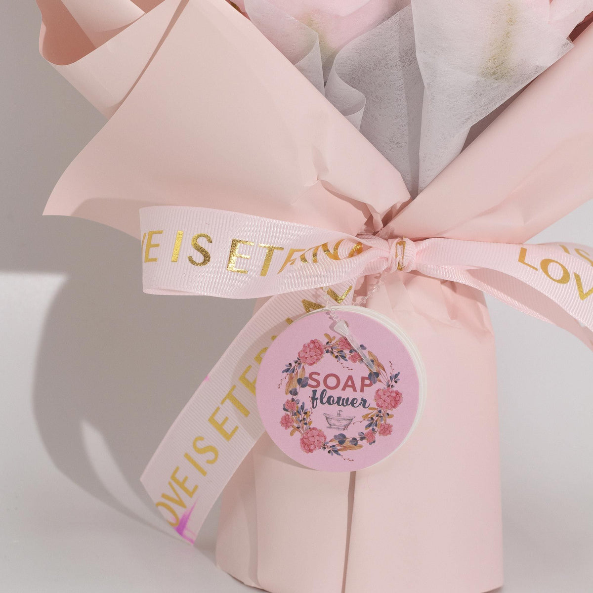 Grand bouquet de roses roses - L'amour est éternel - Carte cadeau