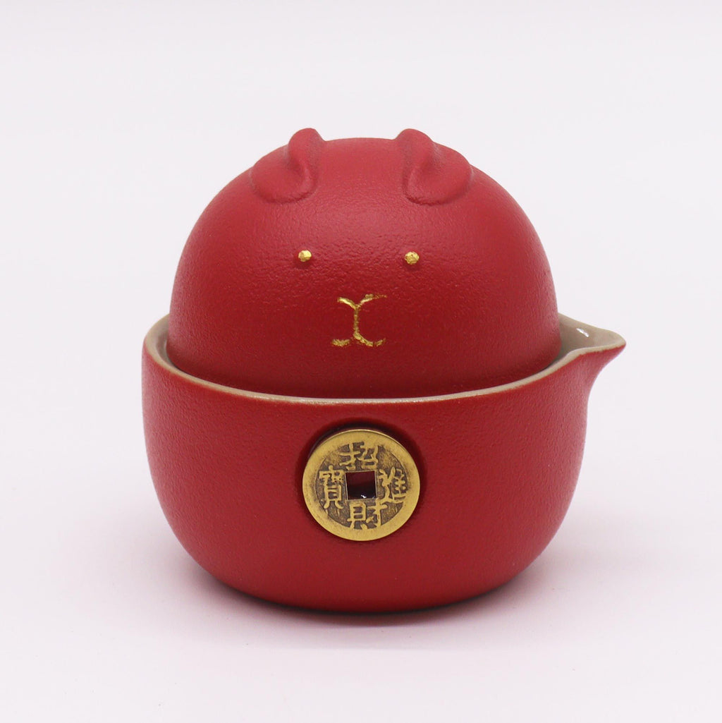 Service à thé Money Cat - Deux tasses et étui de voyage - Rouge