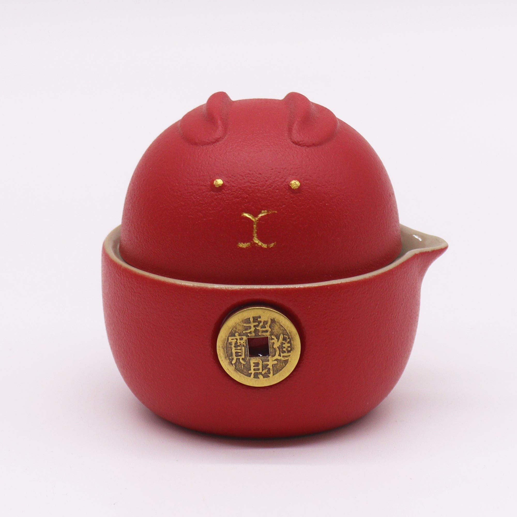 Service à thé Money Cat - Deux tasses et étui de voyage - Rouge