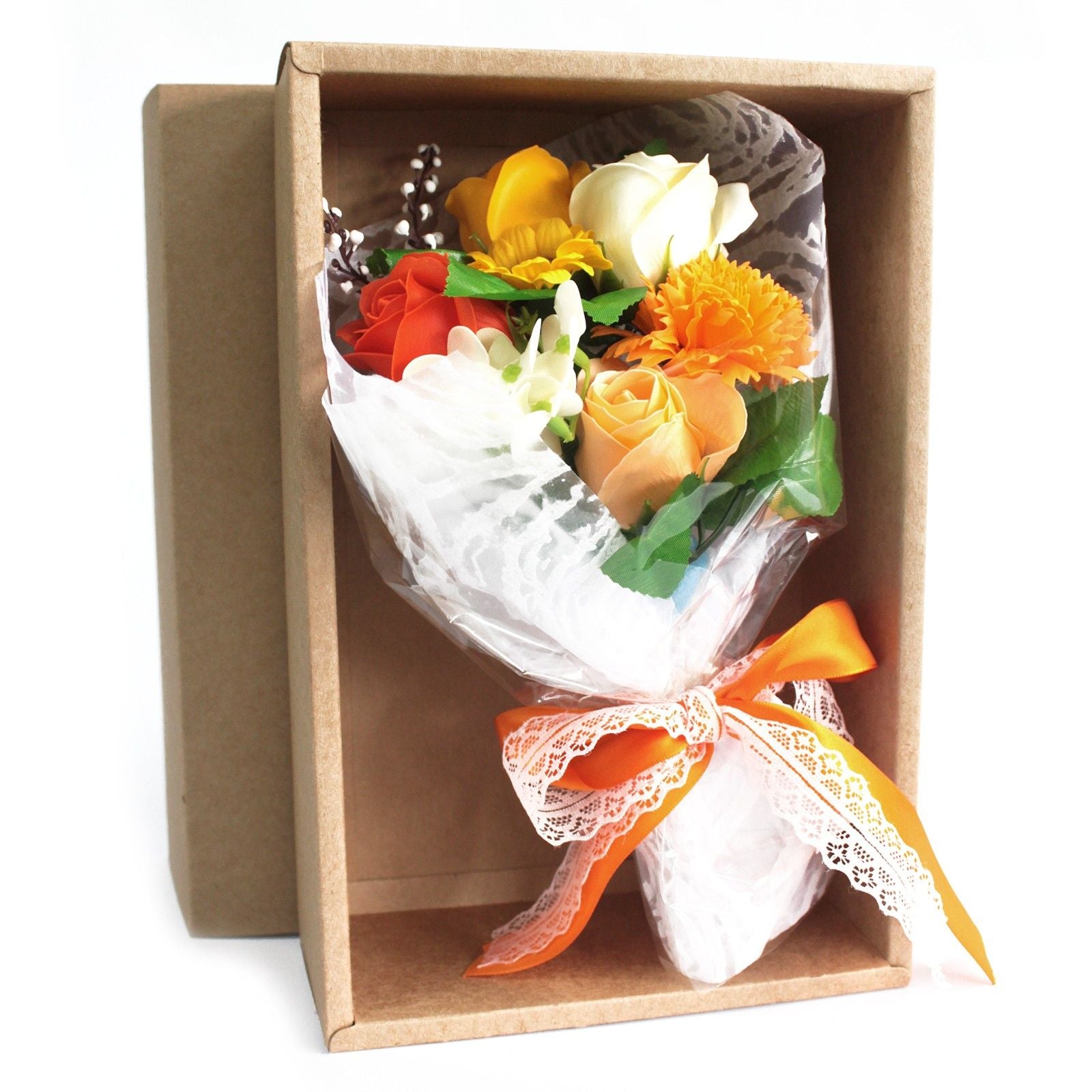 Bouquet de fleurs en savon dans une boîte - orange