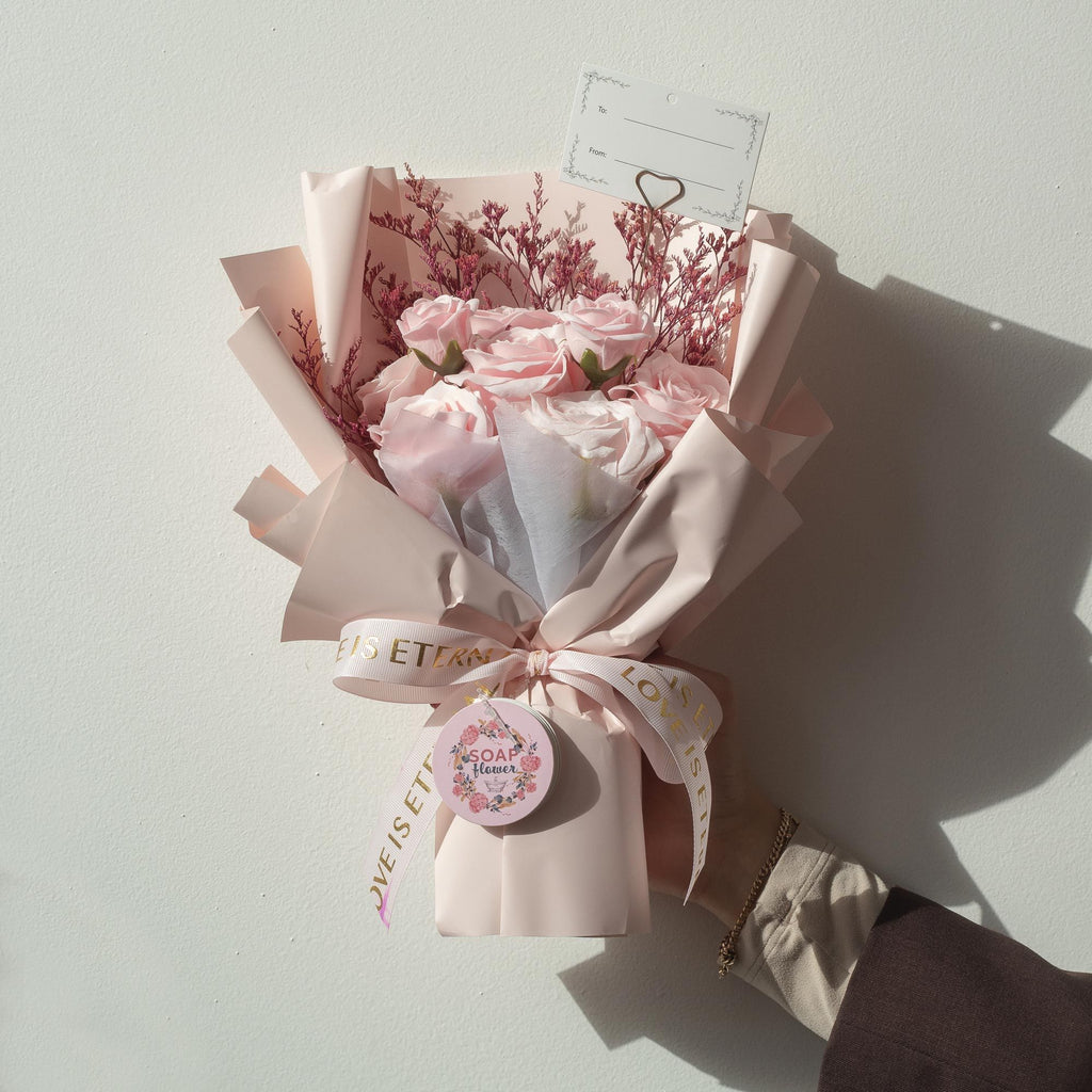Grand bouquet de roses roses - L'amour est éternel - Carte cadeau