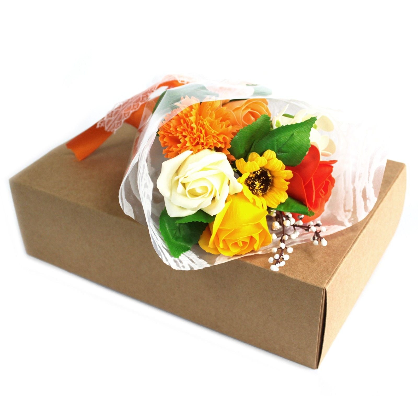 Bouquet de fleurs en savon dans une boîte - orange