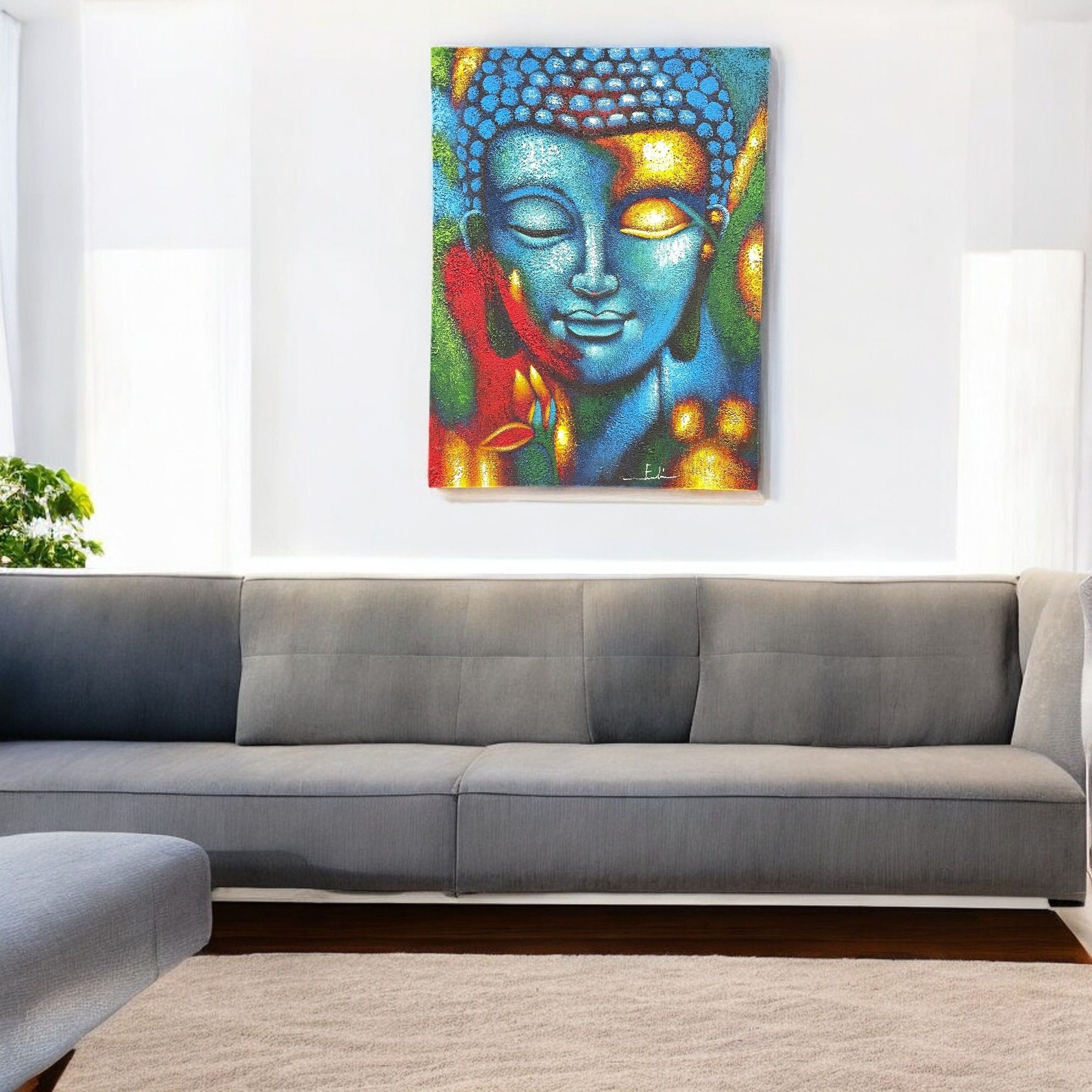 Peinture de Bouddha - Fleur bleue et or