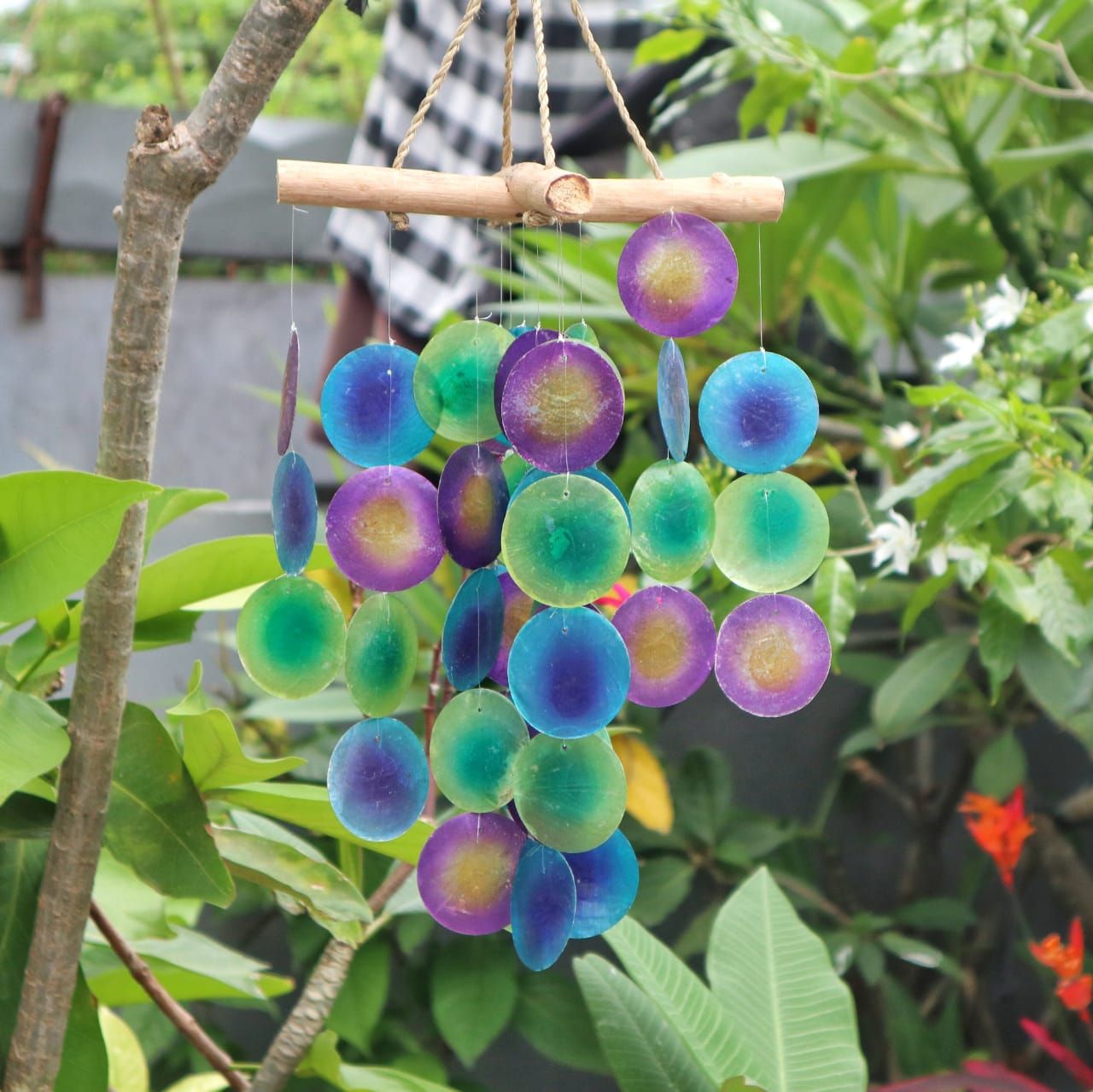 Carillon éolien en bois - Croix - Vert et violet